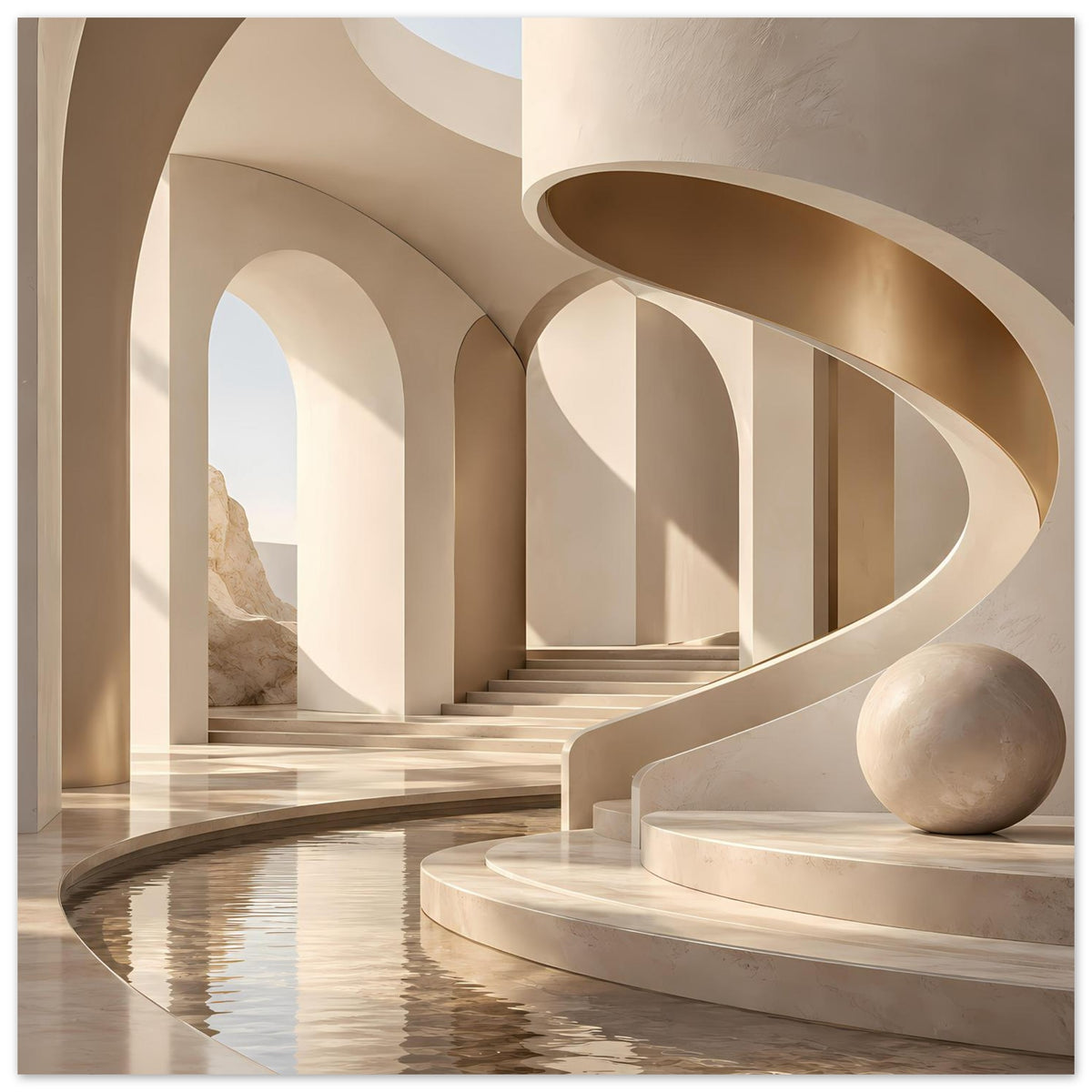 Poster mit Marmorarchitektur: geschwungene Bögen, Treppe, Wasserfläche und beiger Stein