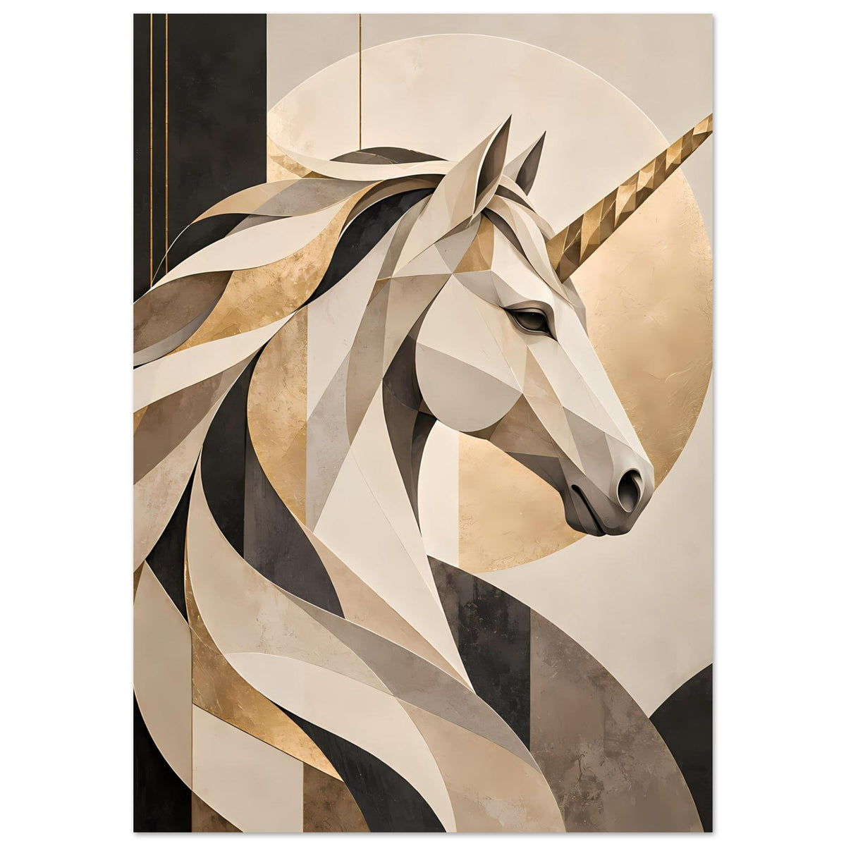 Vertikales Einhorn-Porträtposter mit polygonalen Flächen in Beige, Creme und Schwarz