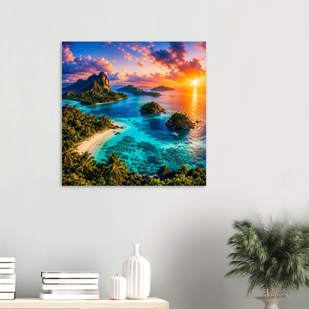 Gerahmtes, quadratisches Poster mit türkisblauer Lagune und Inseln bei Sonnenuntergang