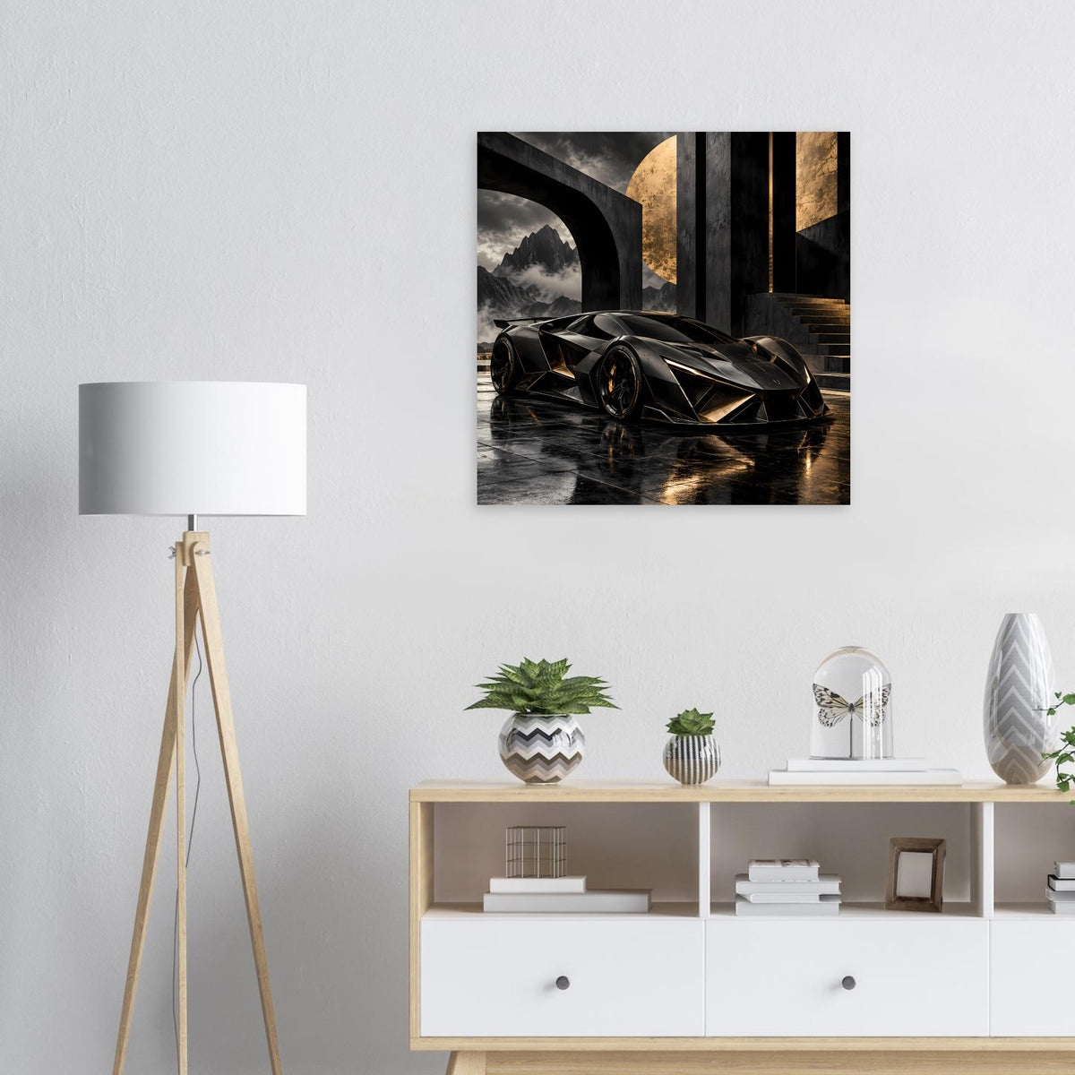 Autoposter mit schwarzem futuristischem Supersportwagen mit goldenen Akzenten, Front-3/4