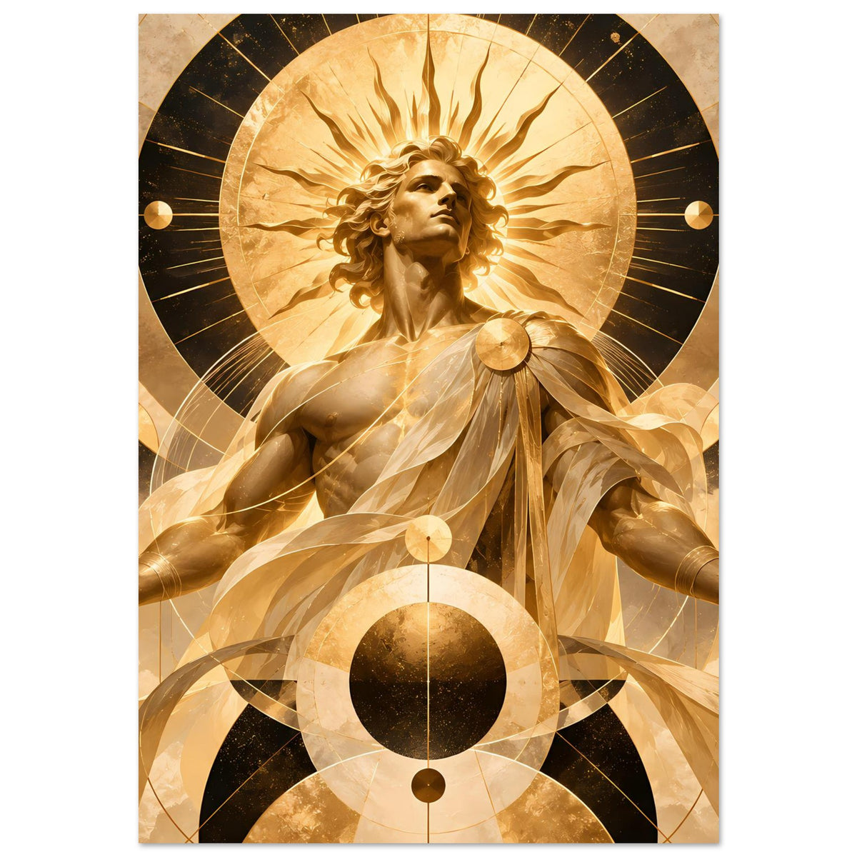 Vertikales Poster mit goldener Engel-Illustration, Strahlenkranz und geometrischen Kreismotiven.