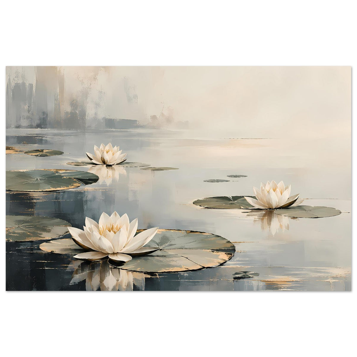 Poster mit weißen Wasserlilien auf ruhigem Wasser, beige-graue Pastelltöne