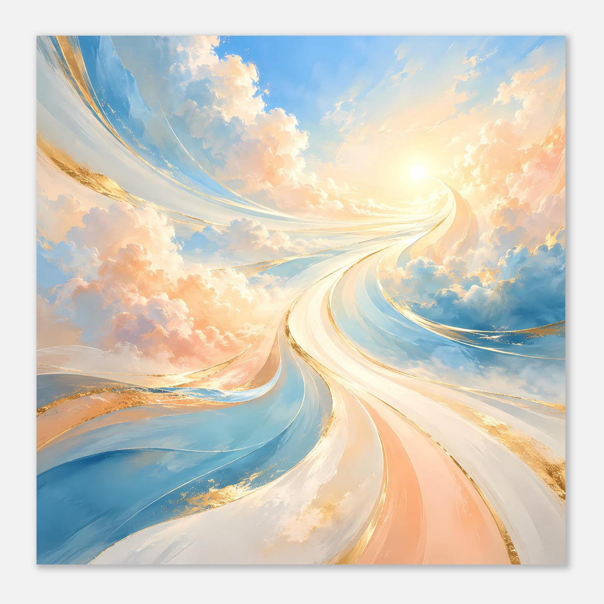 Fantasie-Poster mit geschwungenen Bahnen und hellem Sonnenkreis, Pastellhimmel