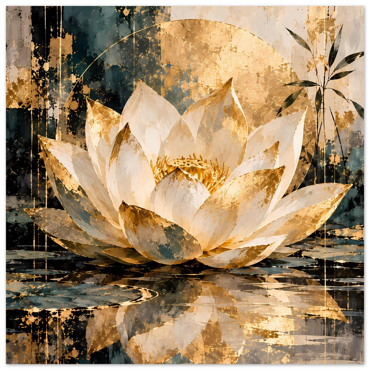 Lotus-Papierkunst-Poster im Hochformat: cremefarbene Lotusblüte mit goldenen Details und Spiegelungen