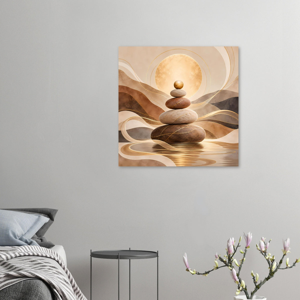 Wandposter im schmalen Rahmen: balancierende Steine, Kreislicht und goldene Linien