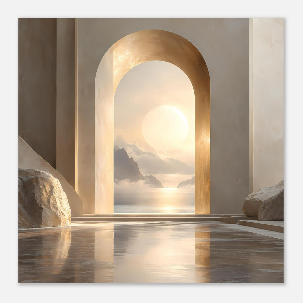 Kunstdruck mit rechteckigem Motiv: Torbogenöffnung, Sonnenuntergang und Wasserreflexionen.