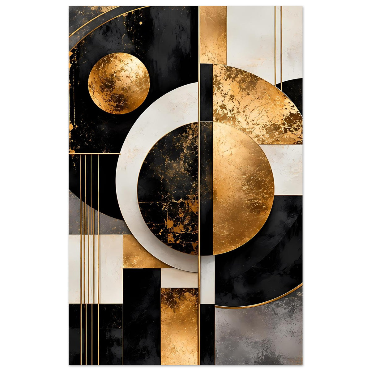 Poster mit goldfarbenen Halbkreisen und Linien in Schwarz und Creme, rechteckig