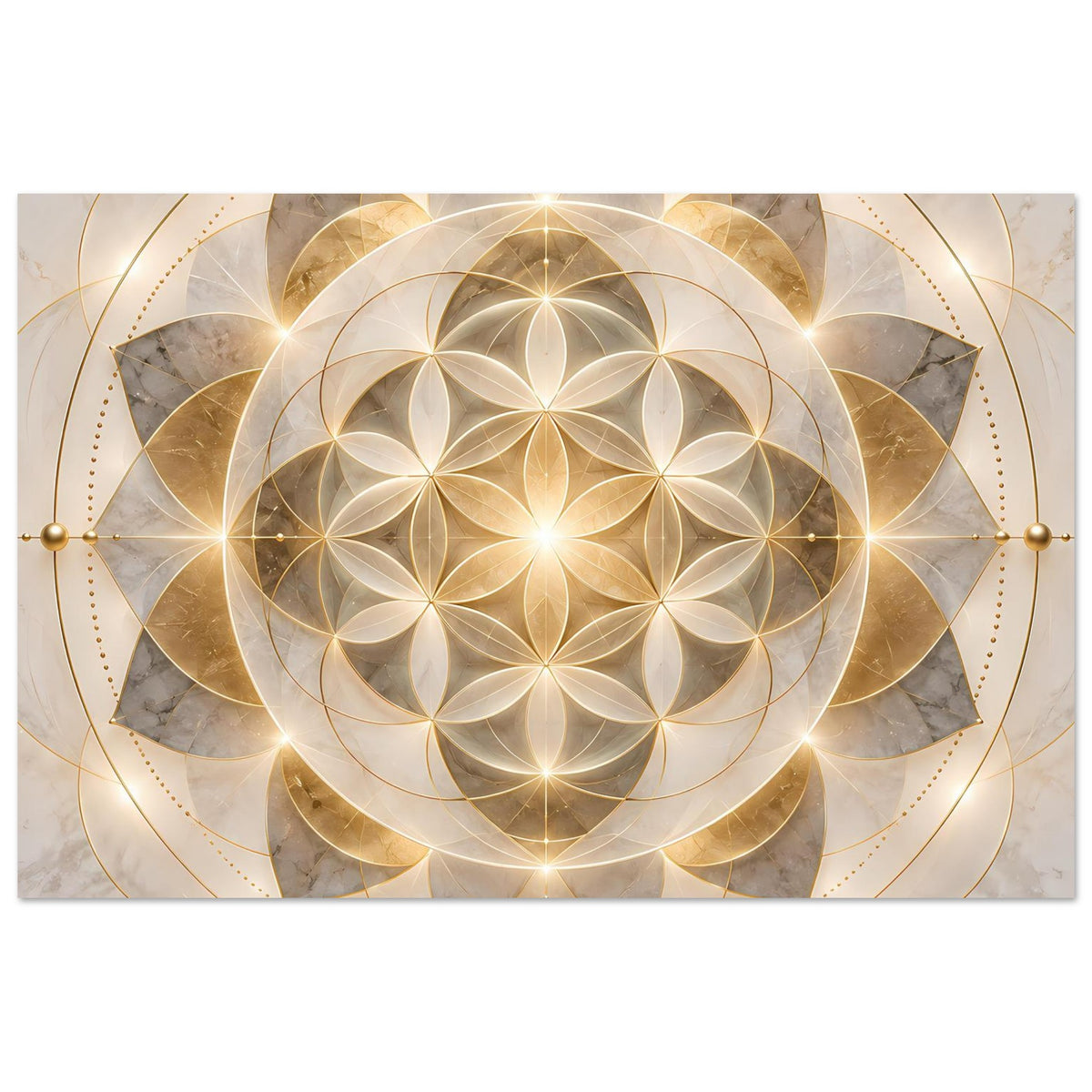 Goldenes Mandala-Ornament-Poster mit zentraler Blume des Lebens und umlaufenden goldenen Bögen