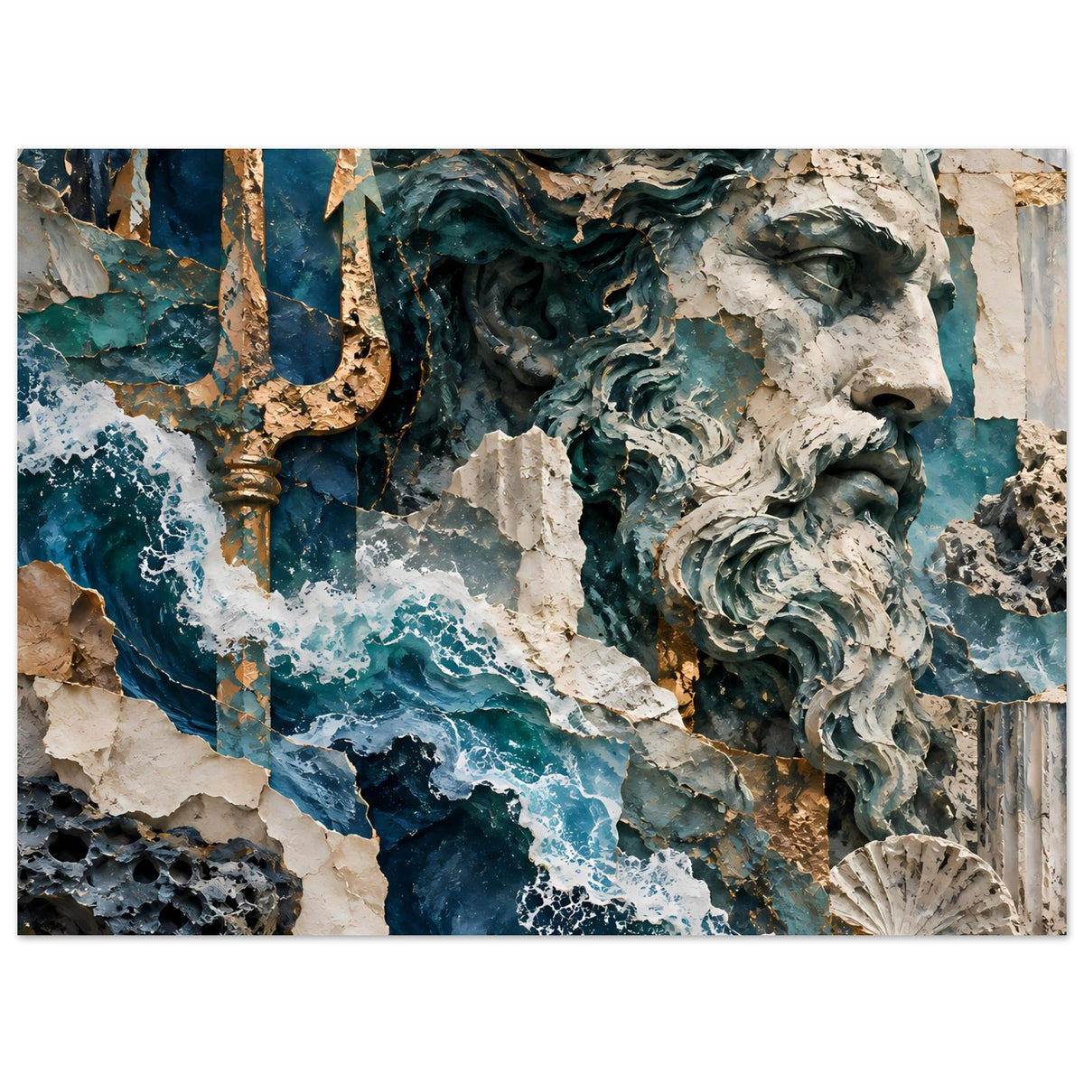 Poster mit Neptun-Büste, blauem Meer und steiniger Reliefwand