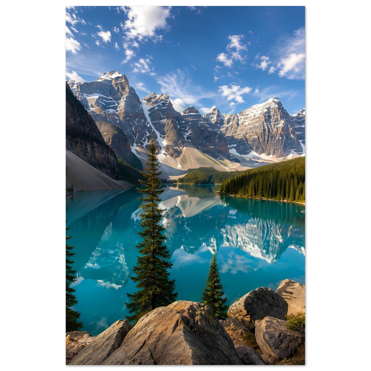 Bergsee-Poster mit türkisfarbenem Wasser, Nadelbäumen und dramatischen Alpenfelsen