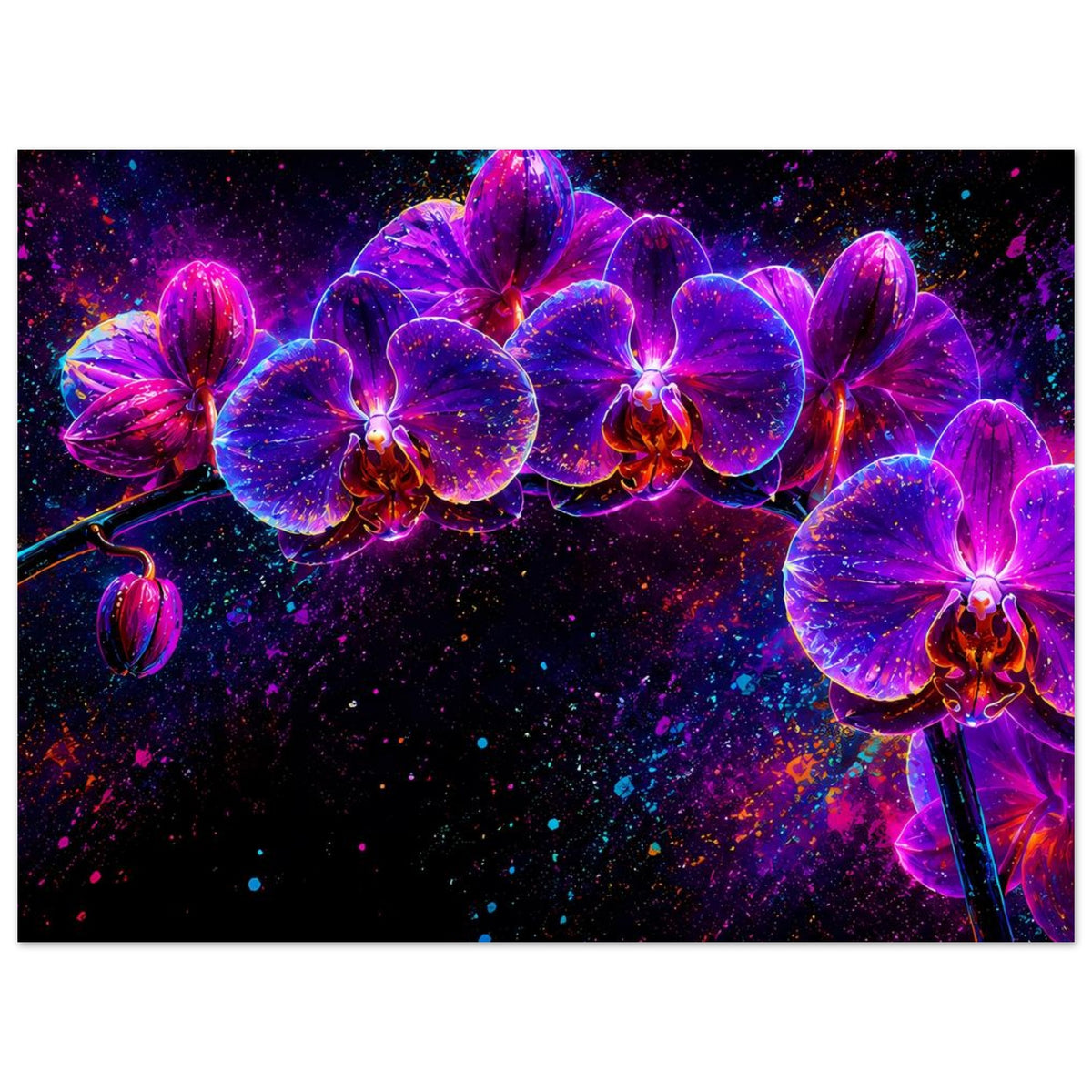 Abstraktes Blumenposter mit Neon-Orchideen in Pink/Violett, seitliche Blüten und Blätter