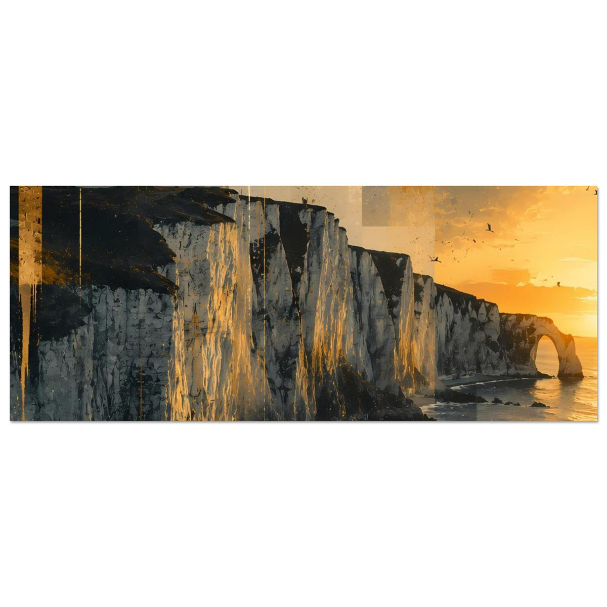 Horizontales Poster: Steilküste am Meer mit gold-orangem Himmel und sanfter Wasserlinie