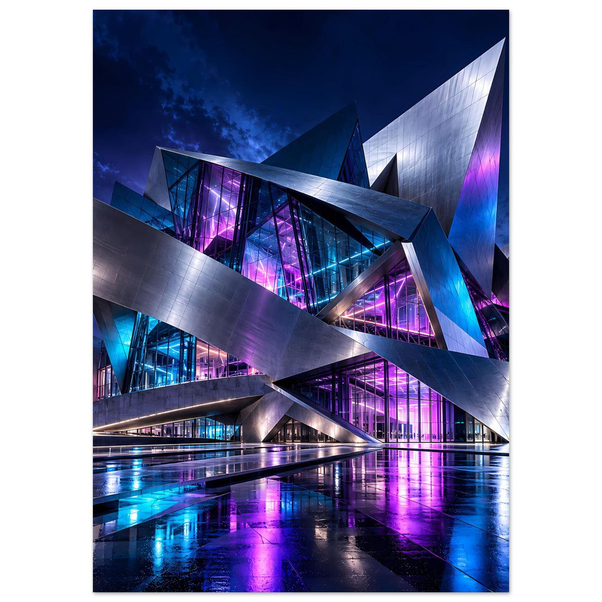 Futuristisches Architekturplakat: leuchtende Fensterflächen im Neon-Design, Stahlstruktur