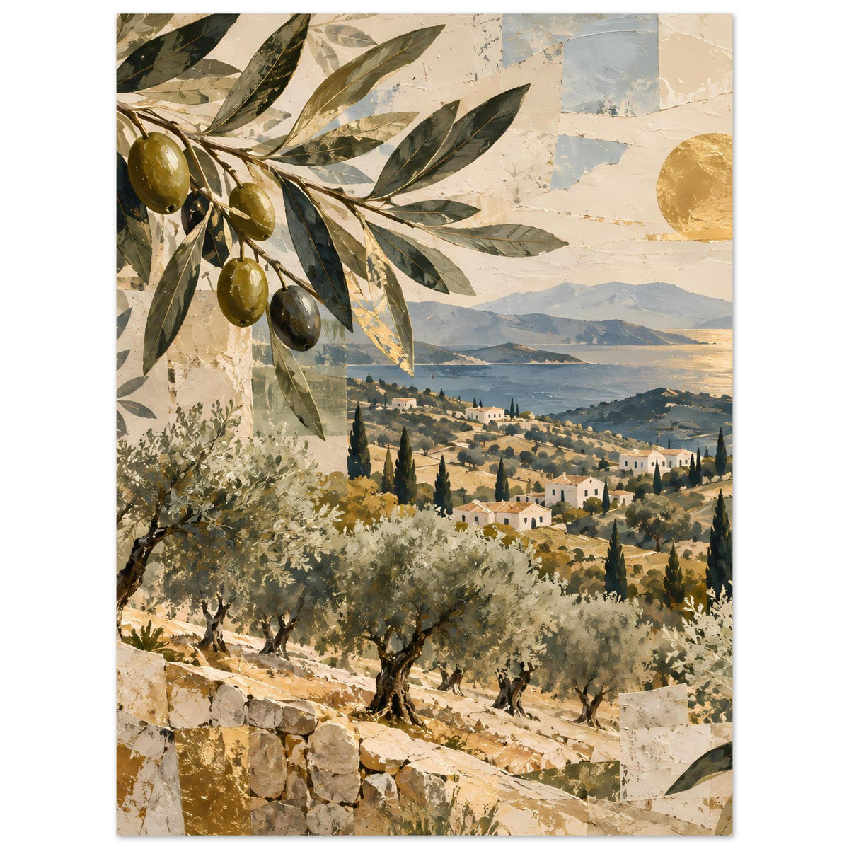 Mediterranes Olivenhain-Poster, hochformatig: Olivenzweige, Olivenbäume und felsige Steinmauer