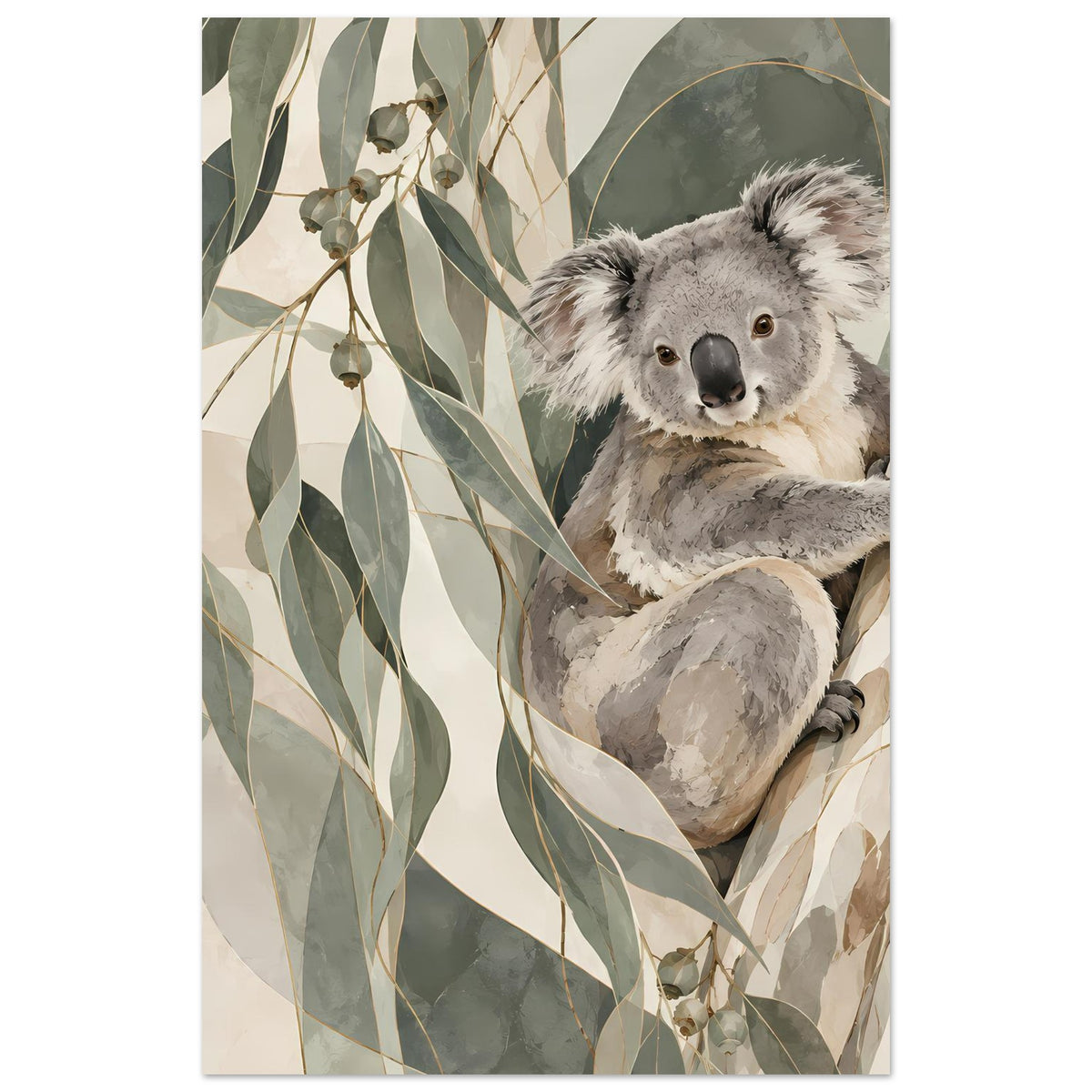 Koala-Porträtposter Hochformat mit Fokus auf Kopf und Pfote, umgeben von Blättern.