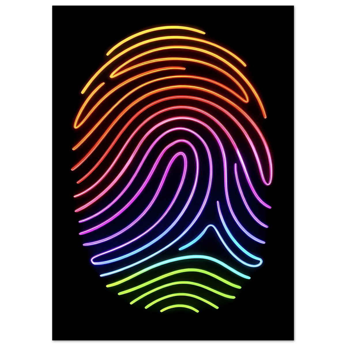 Neon-Regenbogen-Fingerabdruck-Poster: bunte Neonlinien in konischer Form auf schwarzem Hintergrund