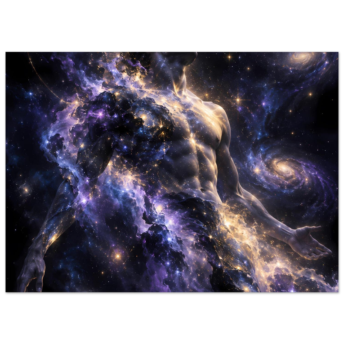Horizontal ausgerichtetes Galaxienposter: männliche Figur im Weltraum, Violett und Gold