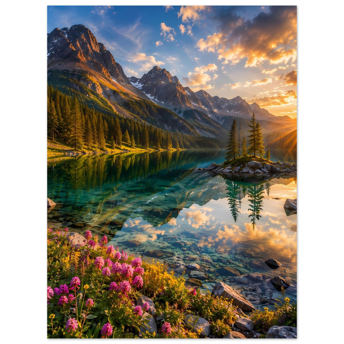 Vertikales Landschaftsposter mit Sonnenaufgang, türkisfarbenem See, Tanneninsel und Felsen