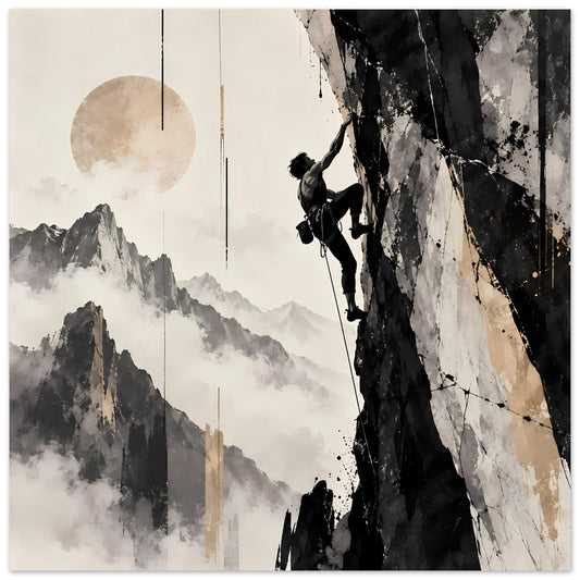 Kunstposter mit Bergsteiger am Fels, abstrakte Berge und Nebelwolken, monochrom