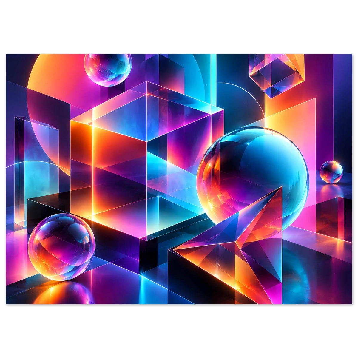 Neon-Geometrieposter mit 3D-Formen, Glaskugeln und intensiven Neon-Farbakzenten
