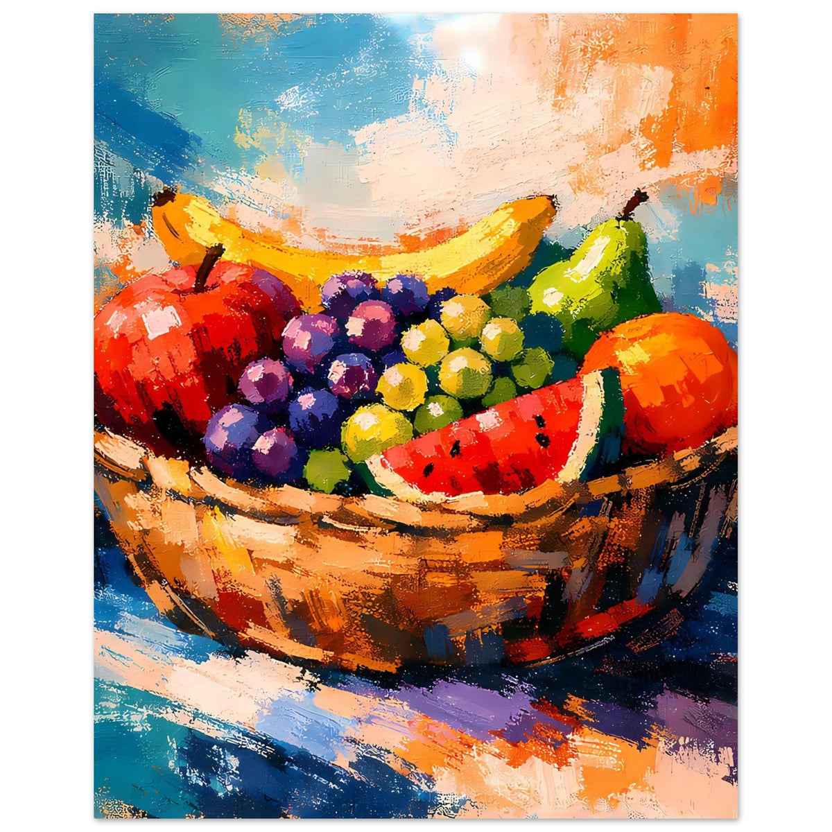 Poster mit Früchtekorb-Gemälde: Trauben, Wassermelone und bunte Früchte in kräftigen Farben