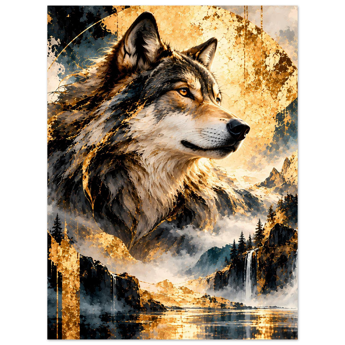 Wolfskunstposter: Wolf mit goldenen Akzenten und Winterlandschaft, Fluss und Wasserfall im Hintergrund