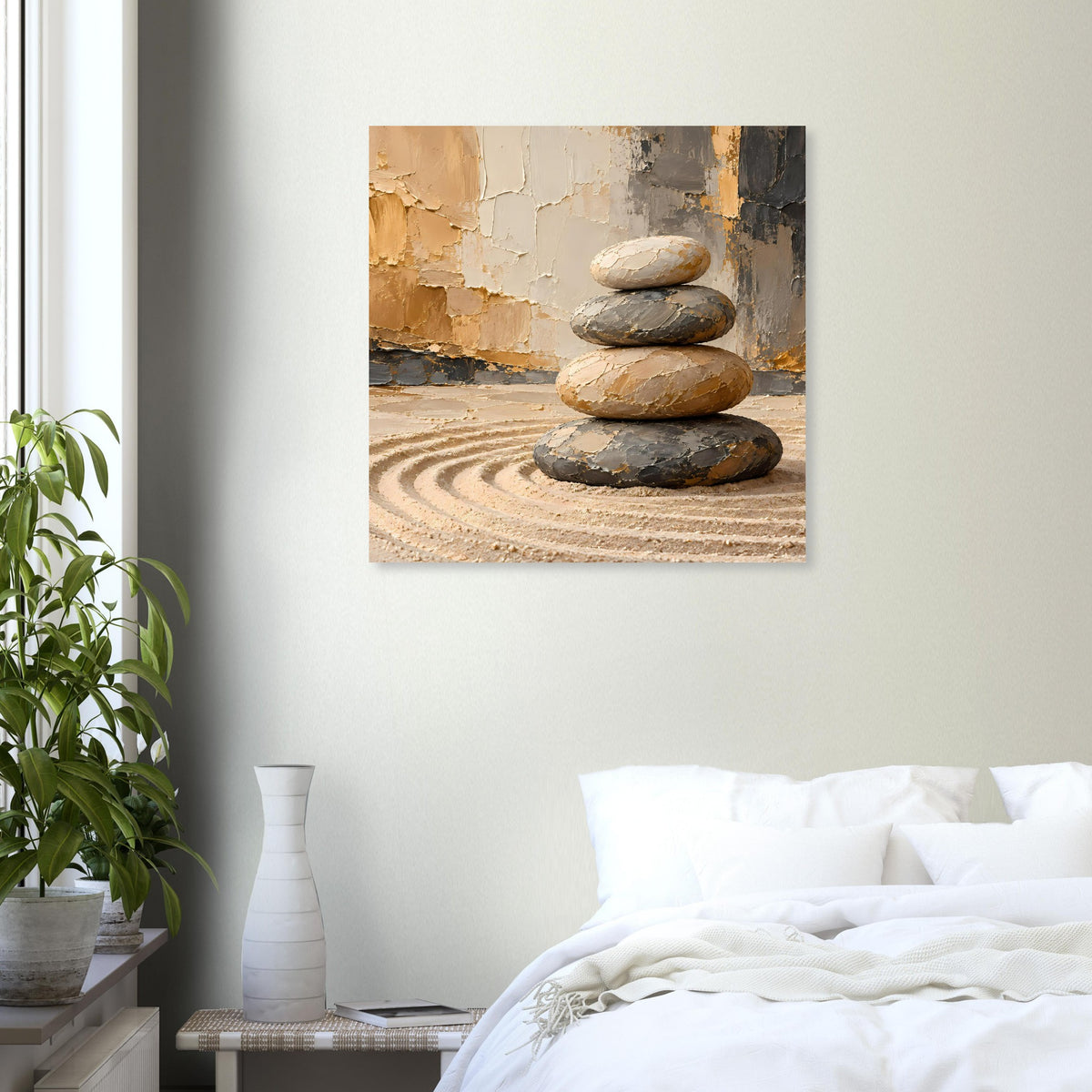 Zen-Balance-Stack Poster mit Steinturm und Sandlinien in warmen Erdtönen