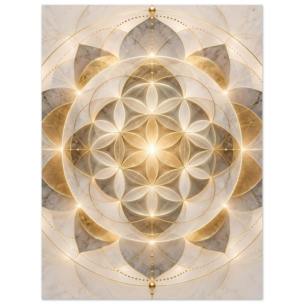 Poster mit goldenem Mandala-Ornament, zentriertem Blütenkreis ohne seitliche Kugeln