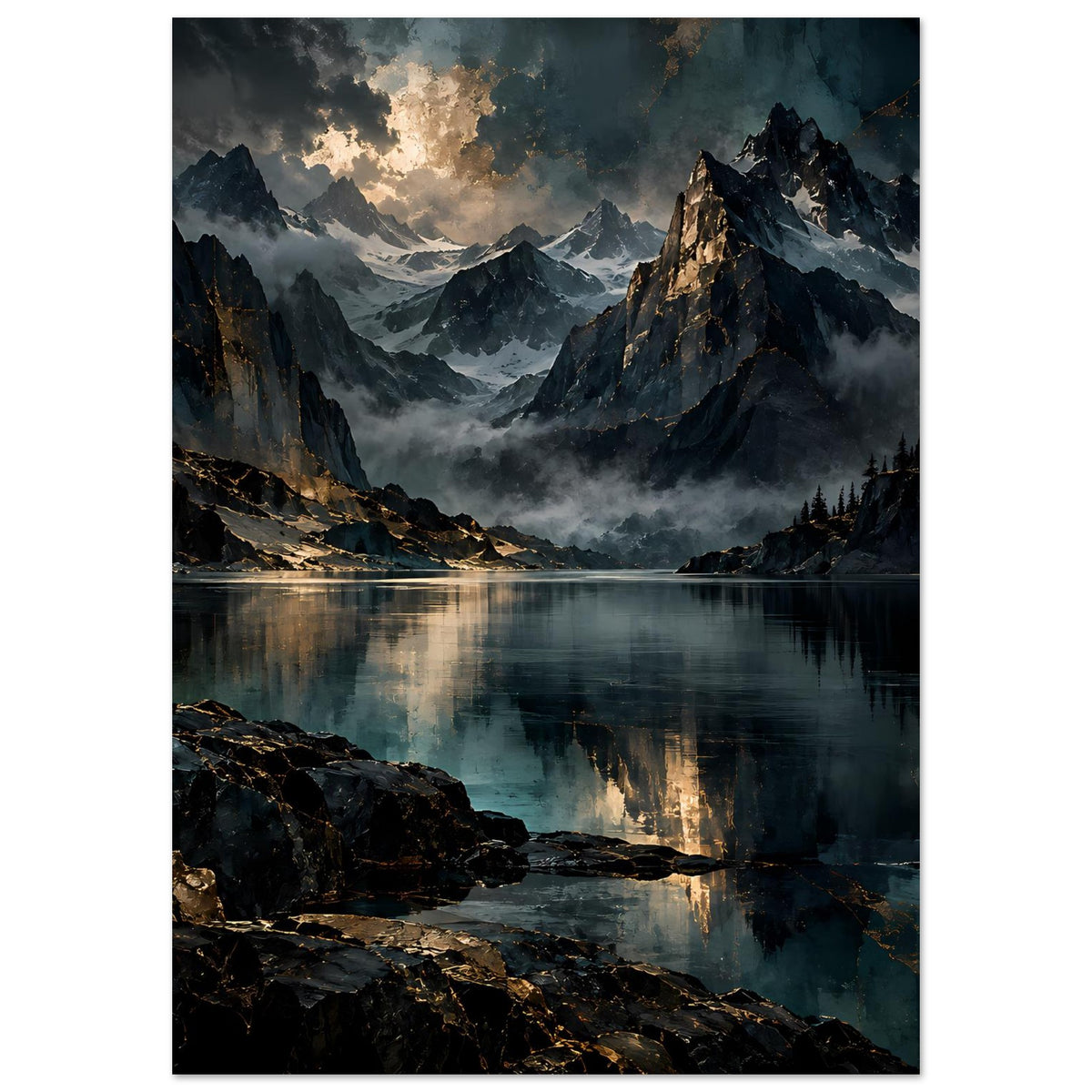 Poster mit Bergsee im Dämmerlicht, vertikal, Felsen und Spiegelung
