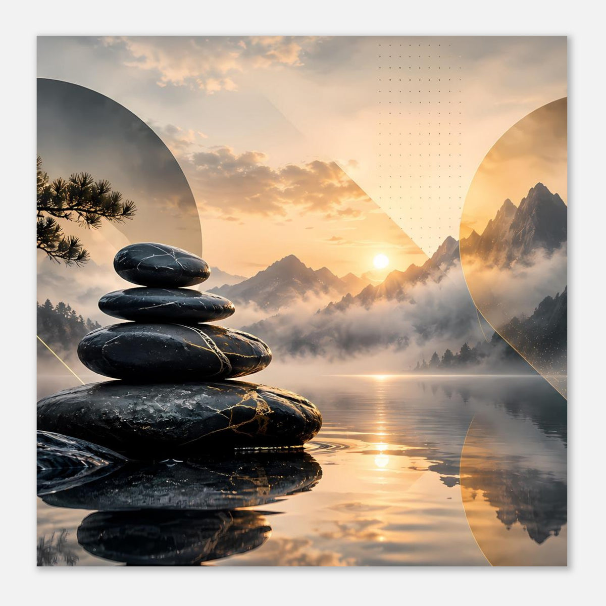 Quadratisches Poster: schwarze Steine vorn, Sonnenaufgang über Bergsilhouetten, Spiegelung
