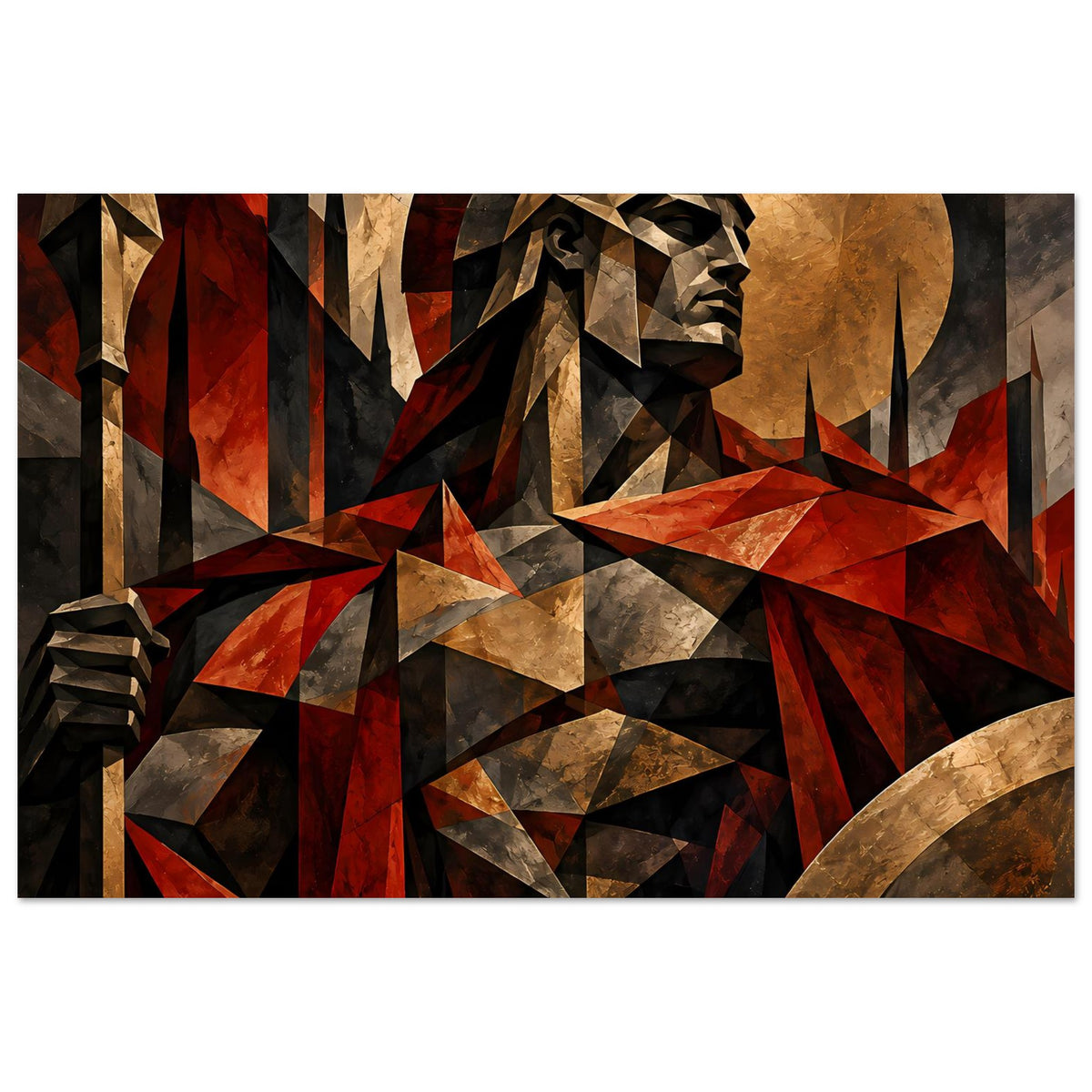 Poster mit Spartaner-Krieger im Polygon-Design, rot-goldene und schwarze Segmente, Querformat