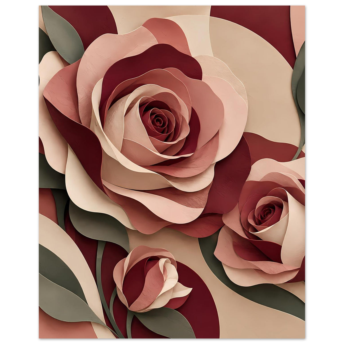 Florales Rosenkunstposter mit mittlerer Burgunderrose und einer weiteren Rose rechts unten
