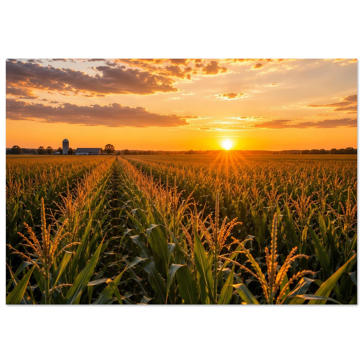 Querformat-Poster: Sonnenuntergang über Maisfeld, warme Farben und heller Sonnenkreis