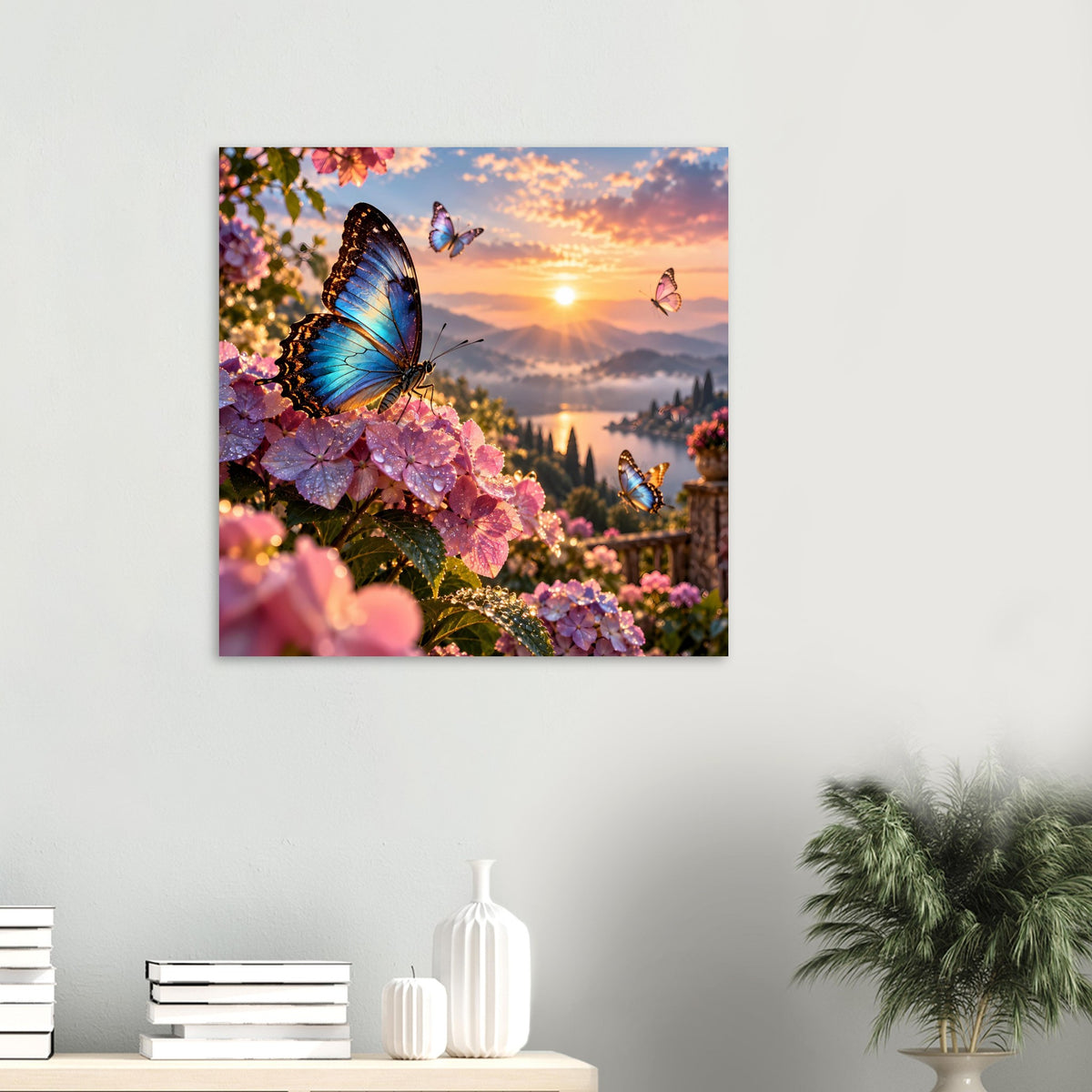 Poster mit blauen Schmetterlingen auf rosa Blüten und Sonnenuntergangsmotiv im Rahmen