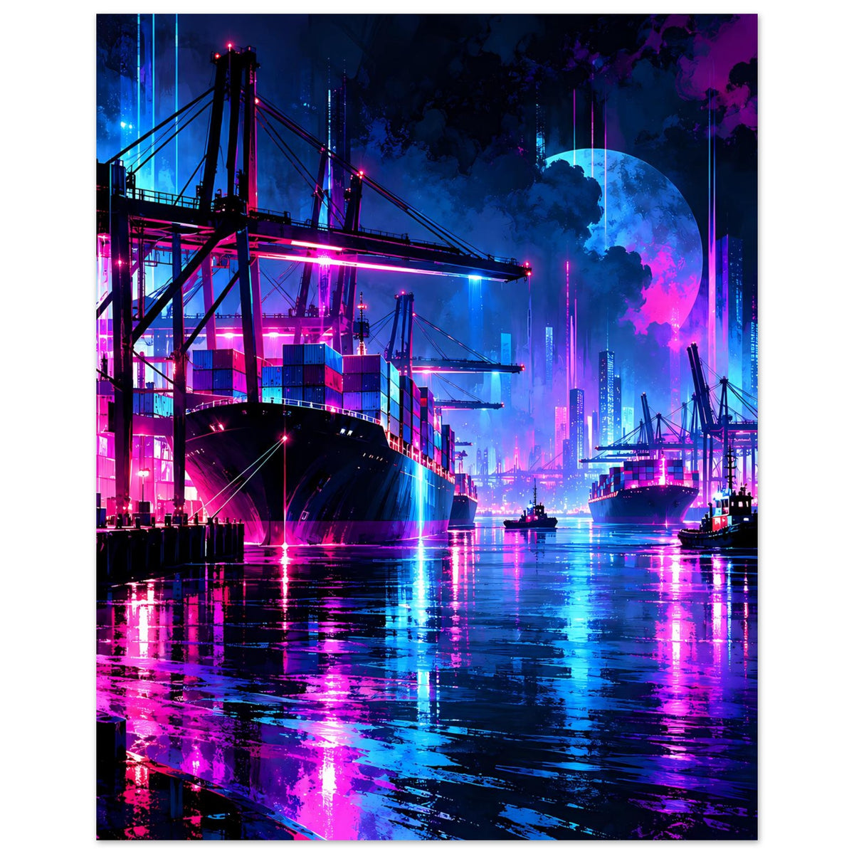 Neon-Hafen-Nachtlandschaft Poster im Hochformat, Skyline mit Nebel und Neonlichtern