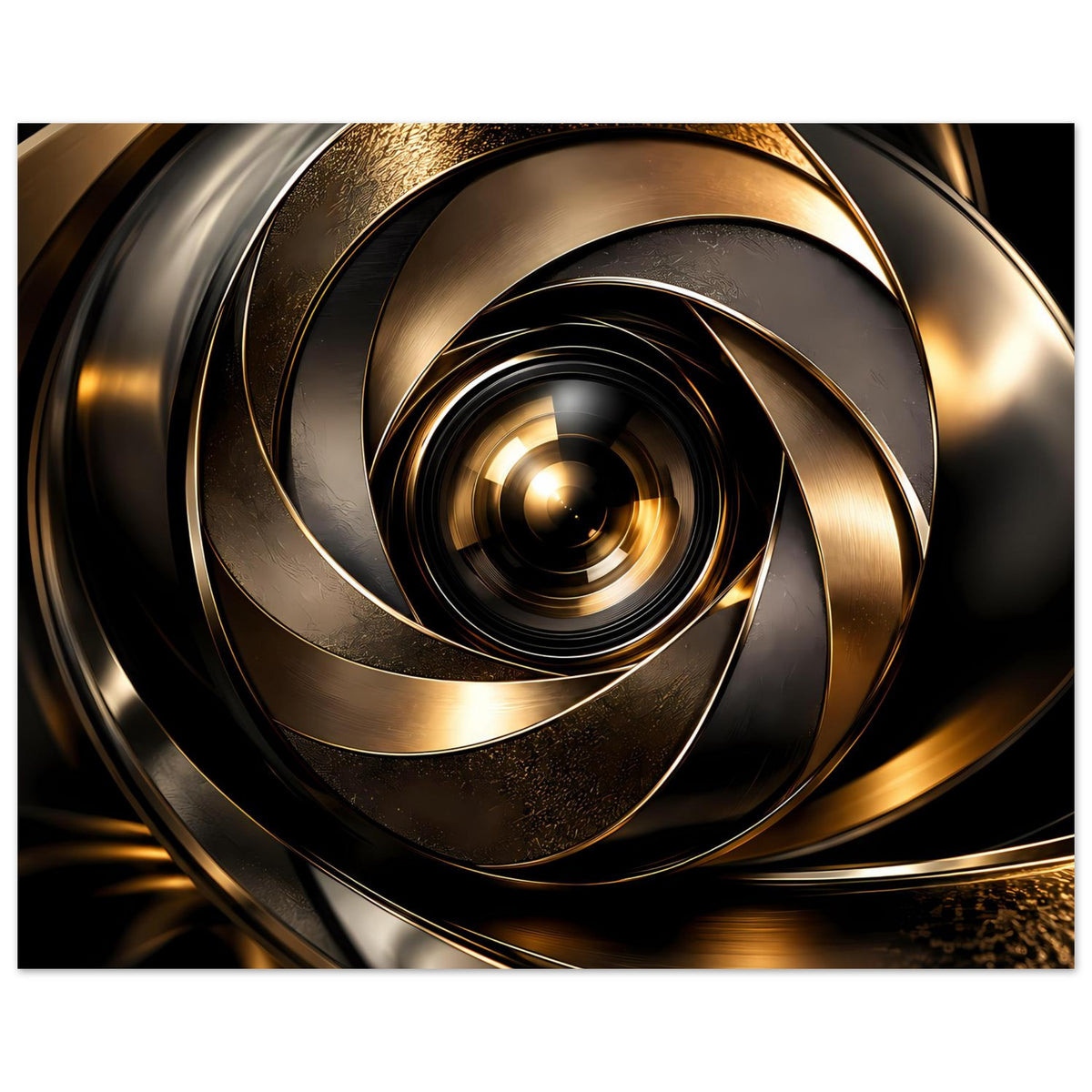 Abstraktes Poster mit goldener Spiralrotation und schwarzen/braunen Nuancen
