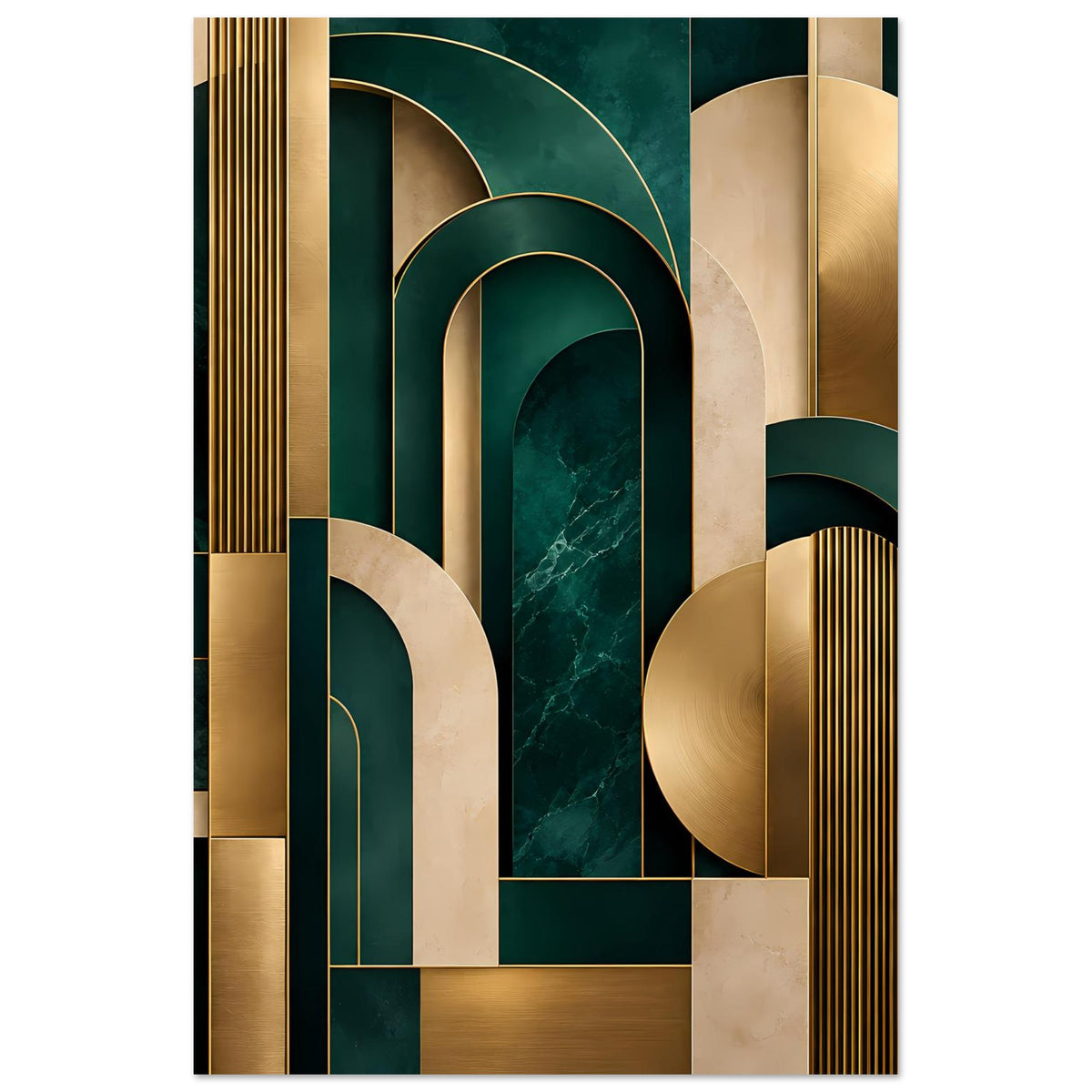 Art-Deco-Poster: goldene Vertikallinien, dunkelgrüne Bögen und goldbraune Akzentflächen.
