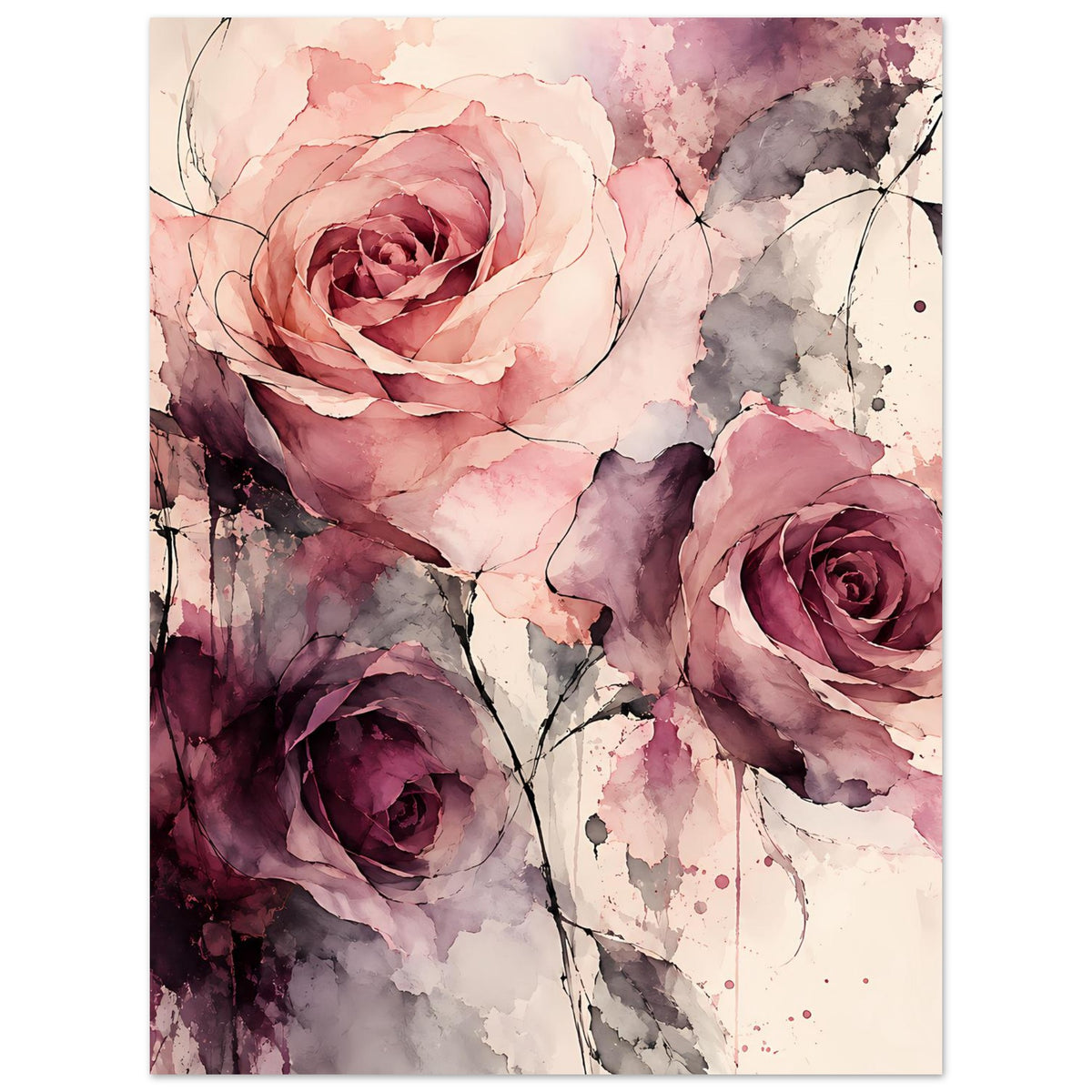Wasserfarben-Rosenposter im Hochformat mit rosa Rose, rechter violetter Rose und lila Blüte.