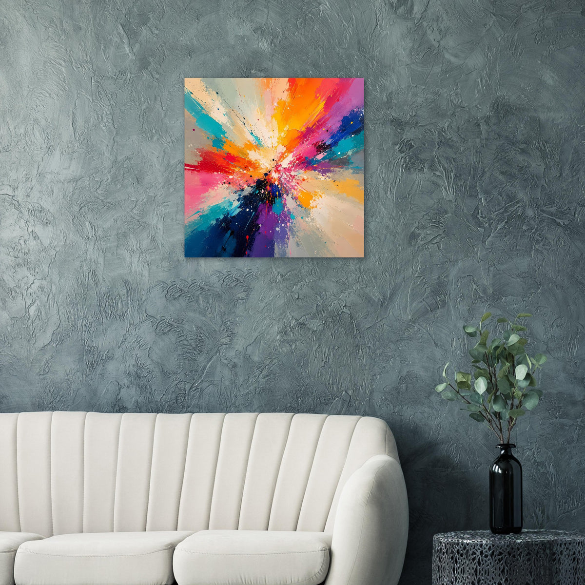 Quadratischer Kunstdruck: abstraktes Explosion-Motiv mit kräftigen Orange-, Blau- und Pinkflecken.
