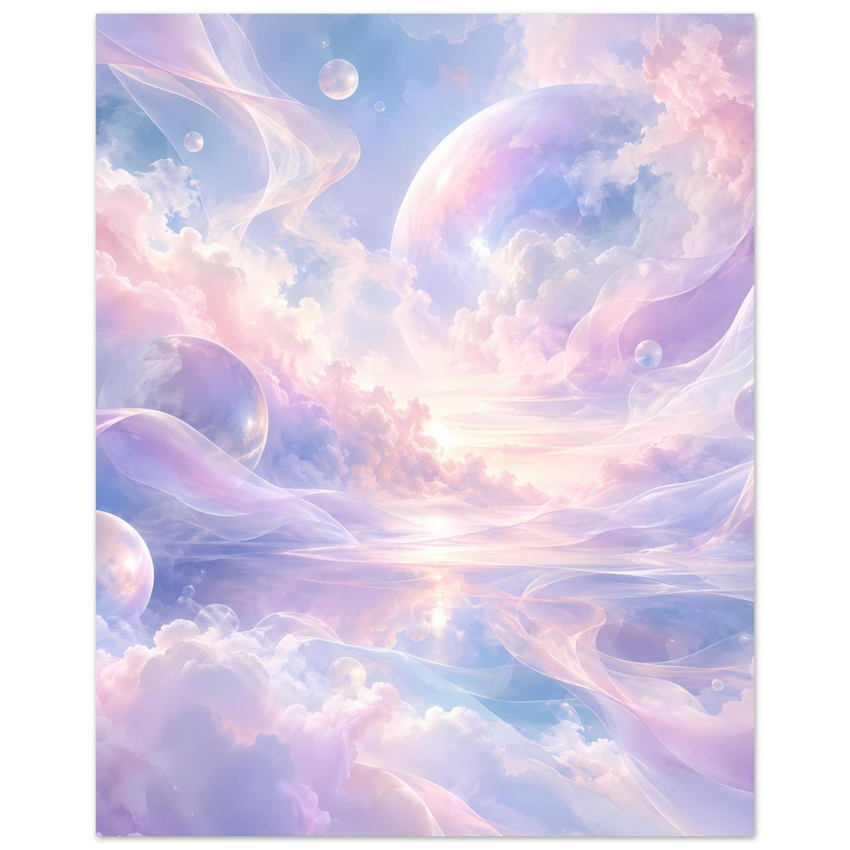 Hochformat-Poster mit pastellfarbenem Wolkenhimmel, schwebenden Kugeln und Lichtglanz