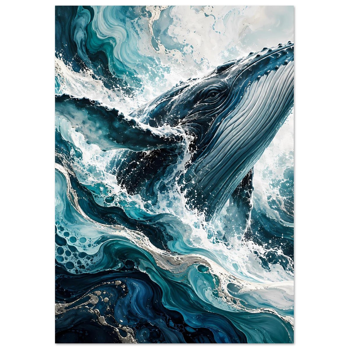 Walmotiv-Kunstposter mit springendem Blauwal, Kopf mittig, dramatische Wellen und Gischt