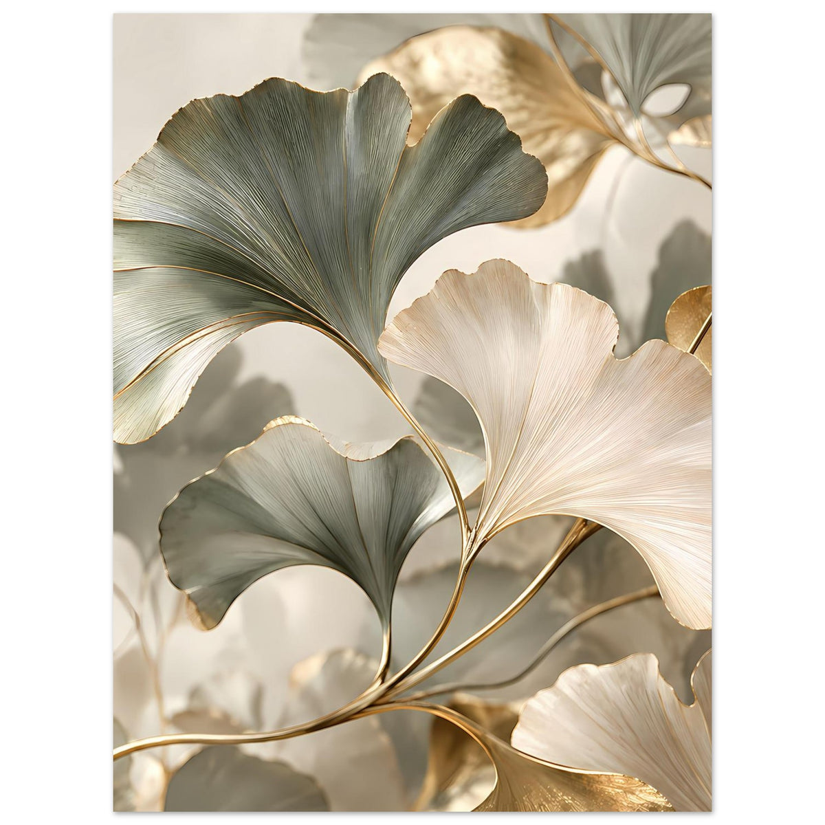 Poster mit Ginkgo-Blättern in Grau-Grün und Creme, goldenen Blattadern, rechteckig