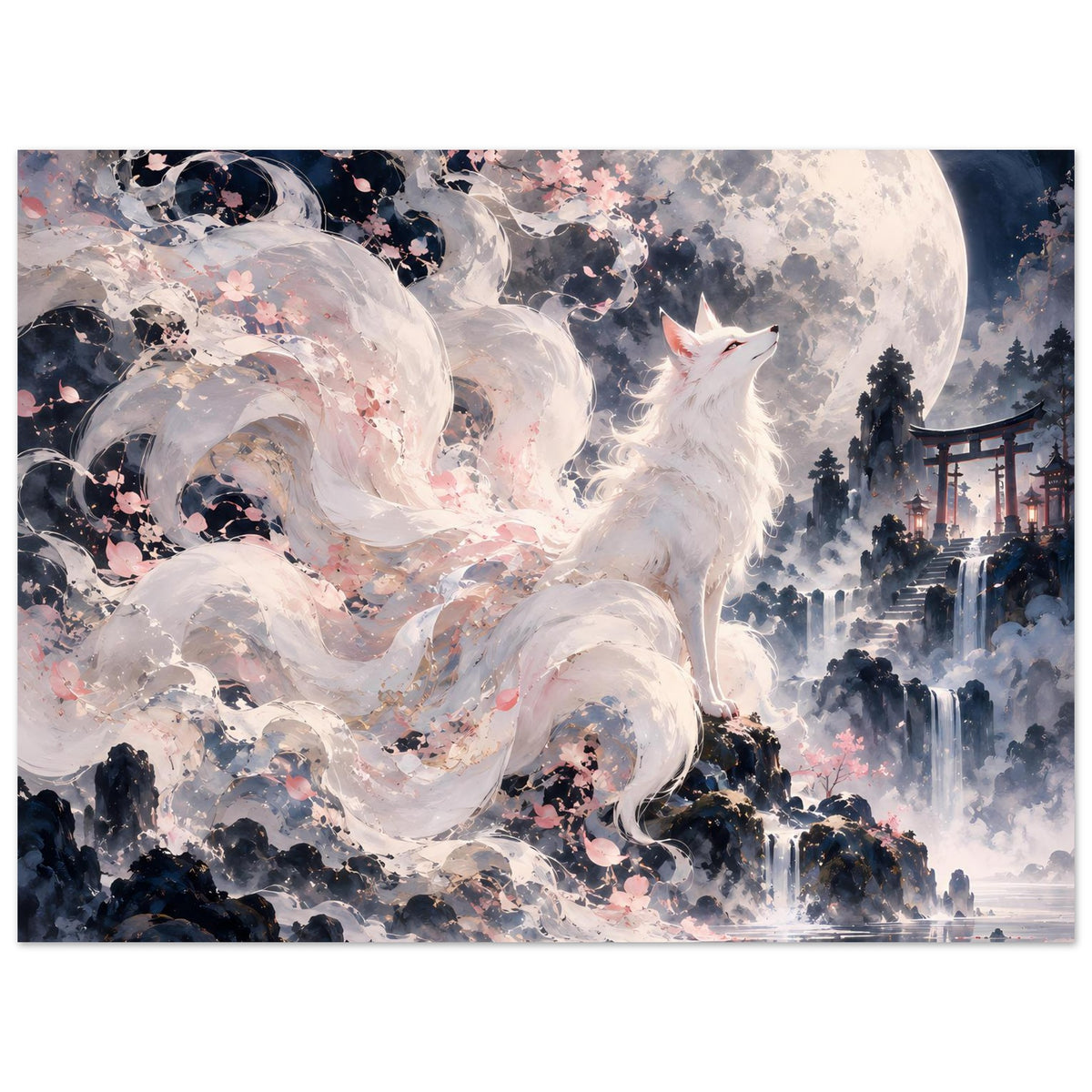 Fantasy-Poster: weißer Fuchs, Vollmond, Kirschblüten und düstere Hügel im Nebel