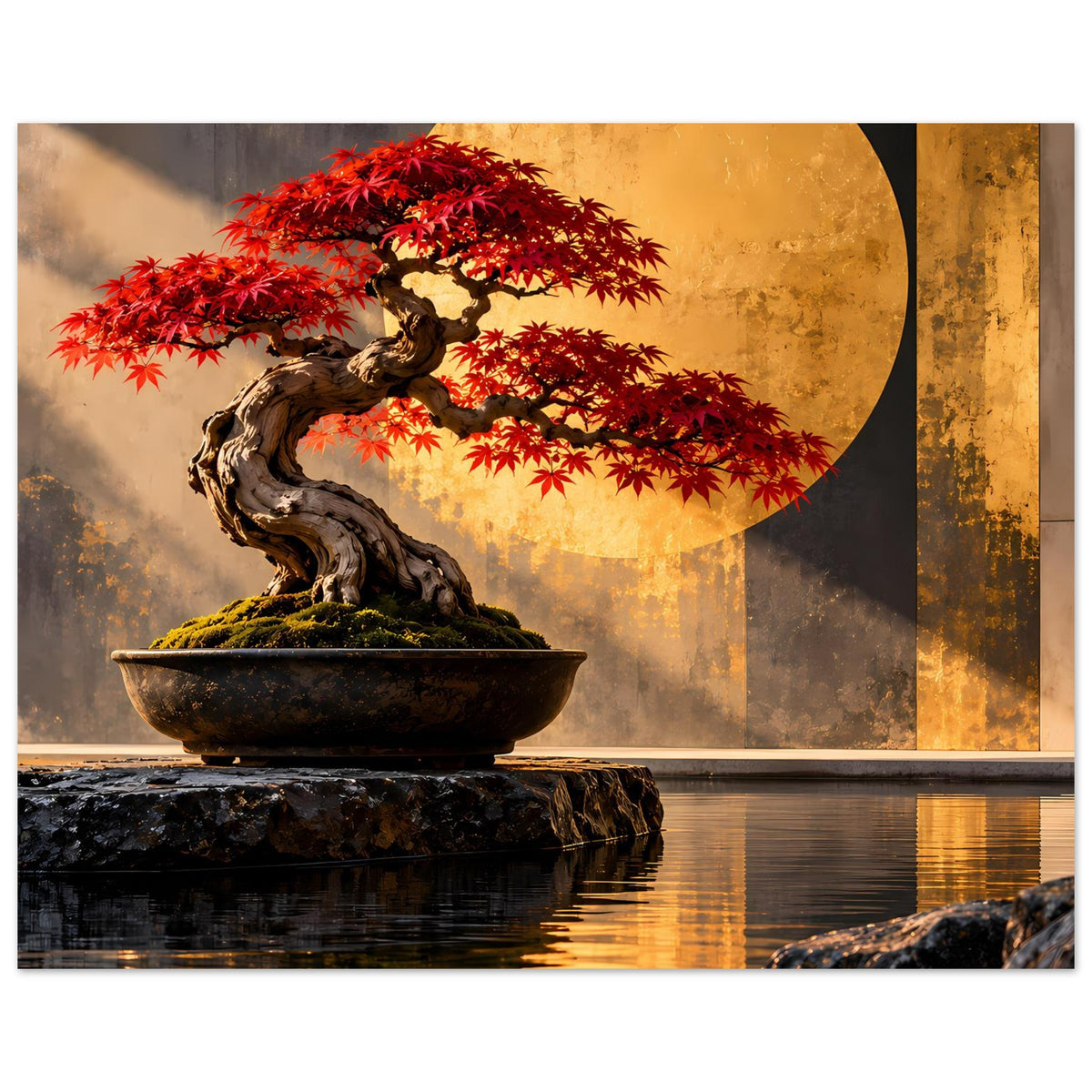 Bonsai-Poster mit rotem Ahorn und gedrehtem Stamm in dunkler Schale