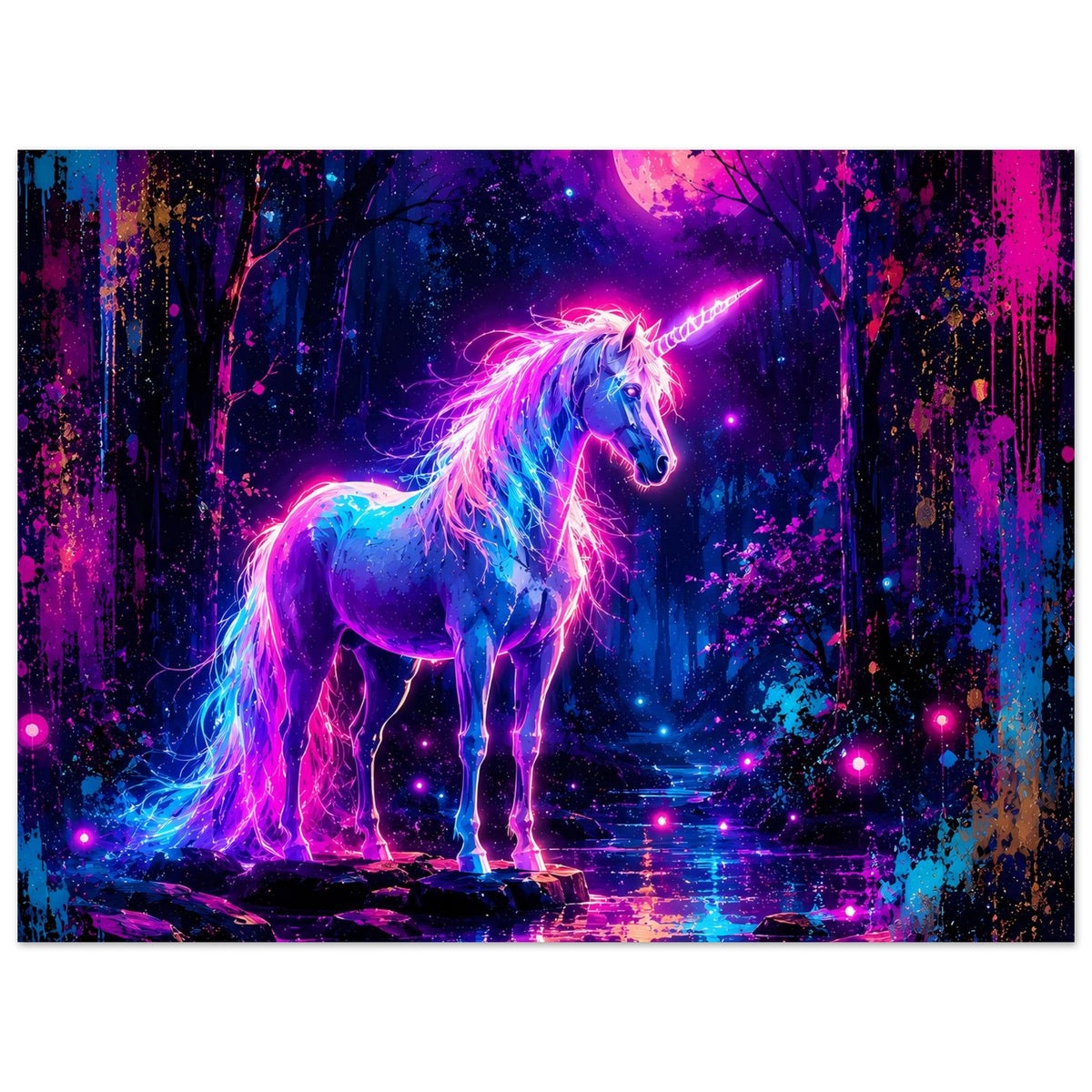 Poster mit Neon-Einhorn im Profil, pink-violettes Leuchten und Mondsichel