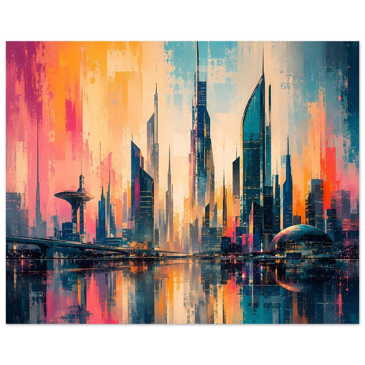 Querformat-Stadtpanorama-Poster mit Skyline und Kuppel, kräftige Sunset- und Blautöne, Reflexion im Wasser.