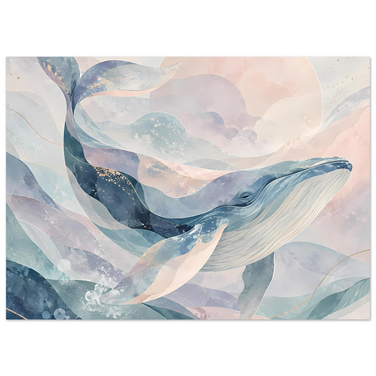 Wal-Kunstposter in sanften Blau- und Pastelltönen, horizontal