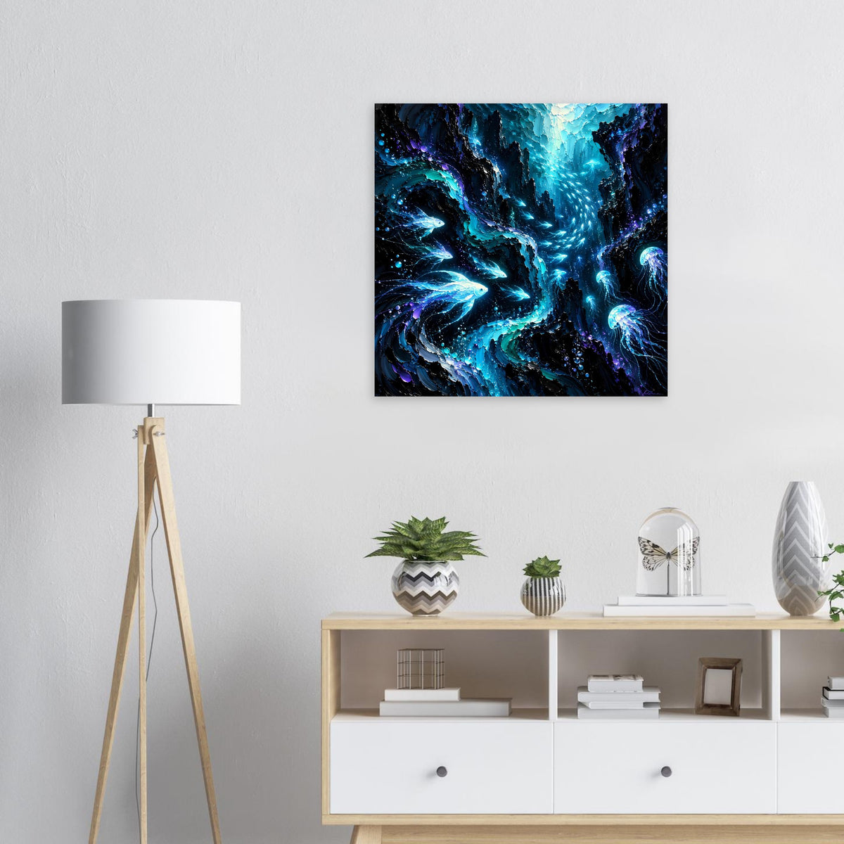 Leuchtendes Unterwasser-Poster im Quadratformat: blaue Lichtströme, Fische und Quallen