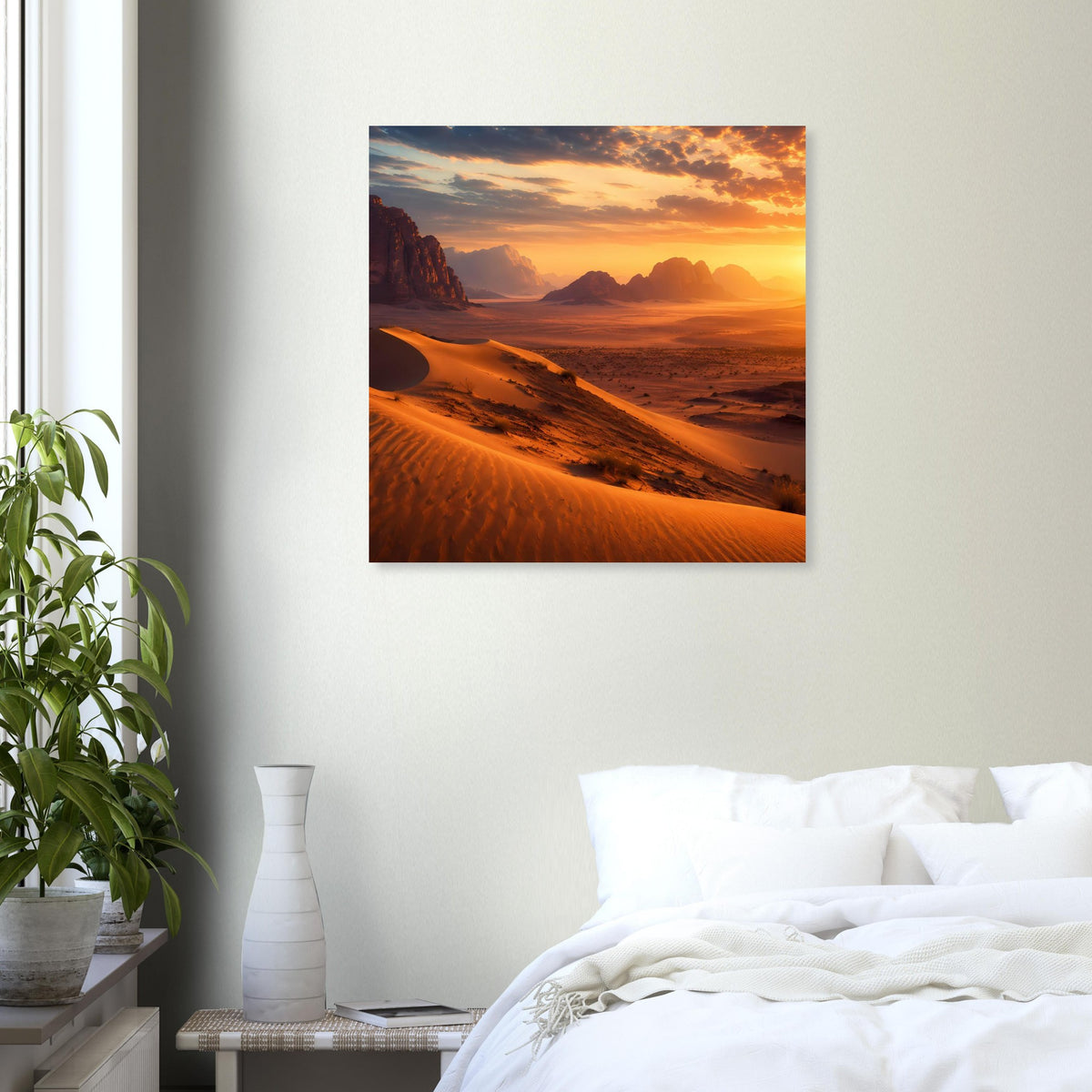 Quadratisches Wandposter über weißem Sofa: Dünenlandschaft bei Sonnenuntergang