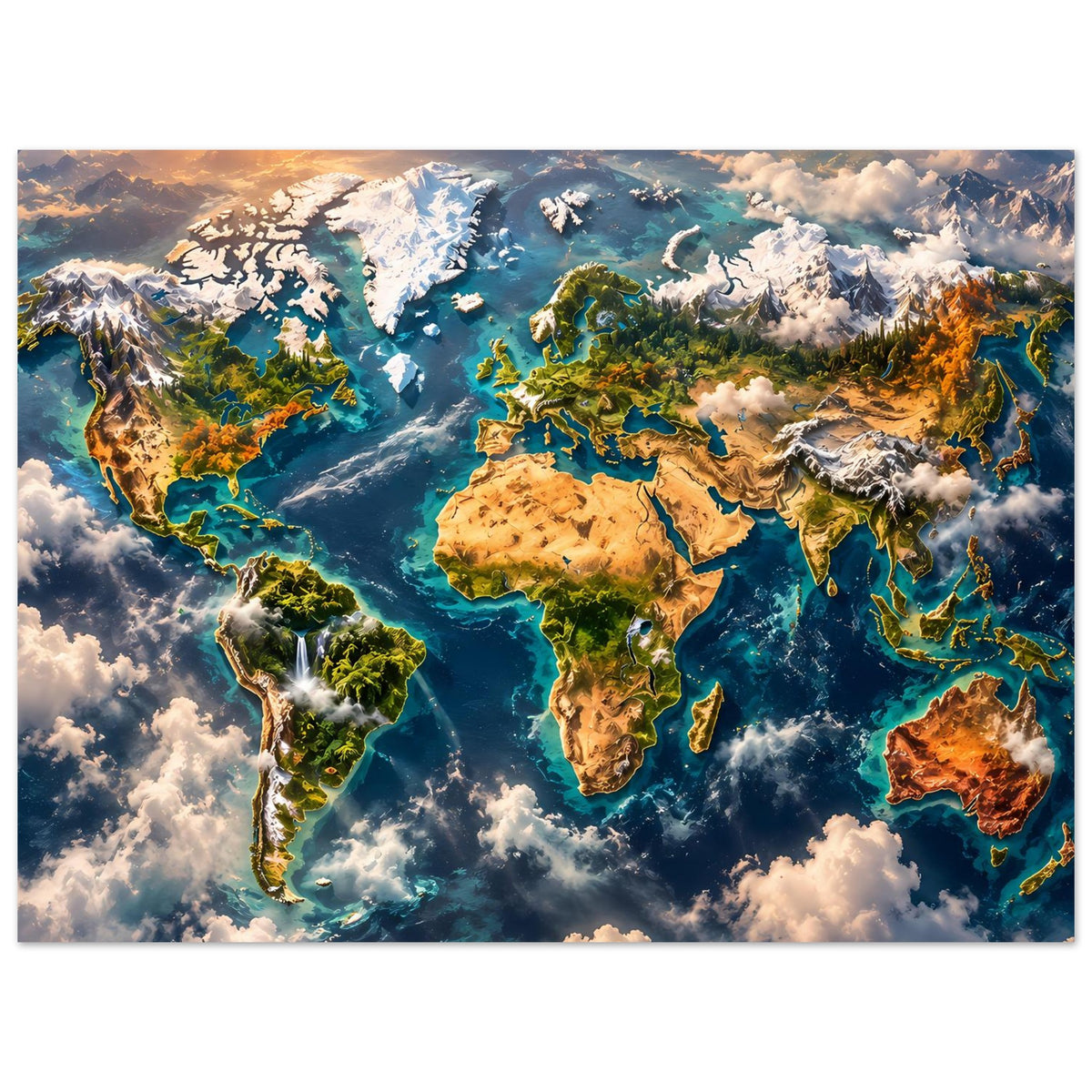 Weltkarte-Poster mit farbiger Weltkarte, Ozeanen, Bergen und Wolken, horizontales Layout